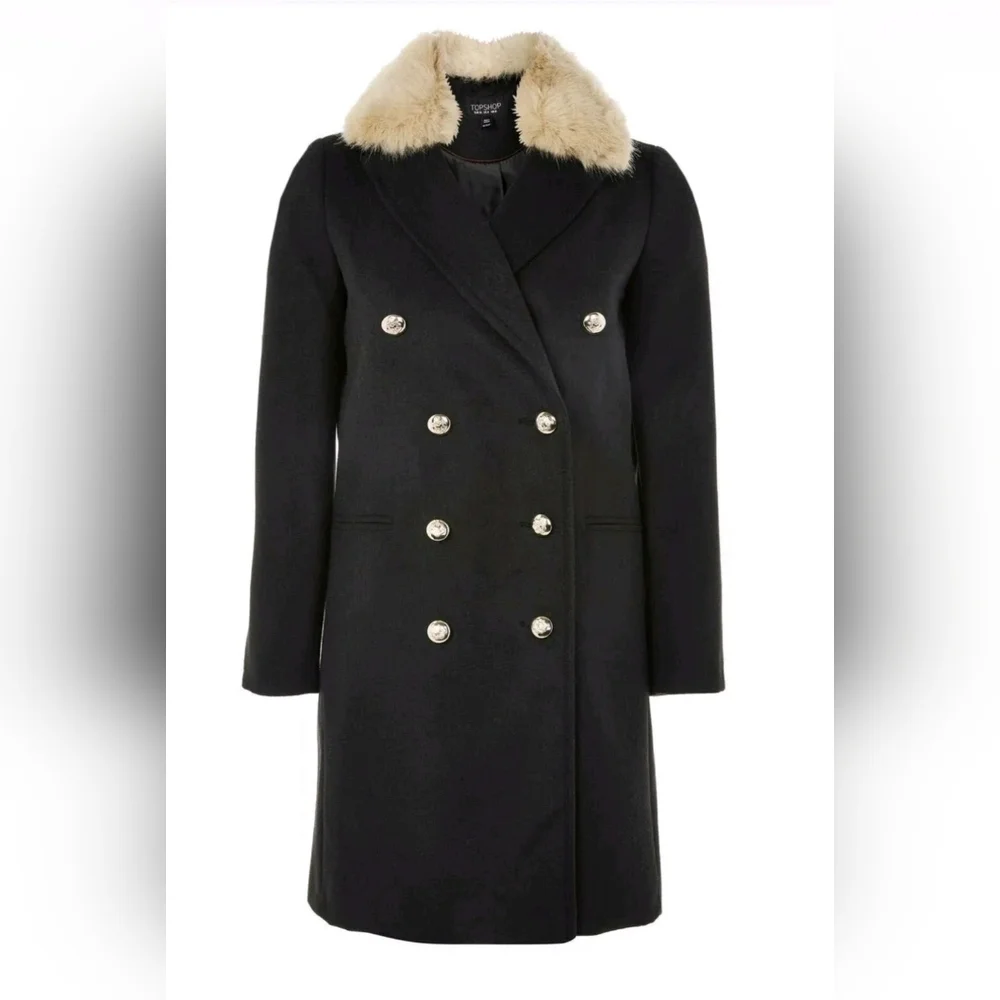 Topshop Nina Black Double-Breasted Slim Military Coat Faux Fur Collar Womens 4